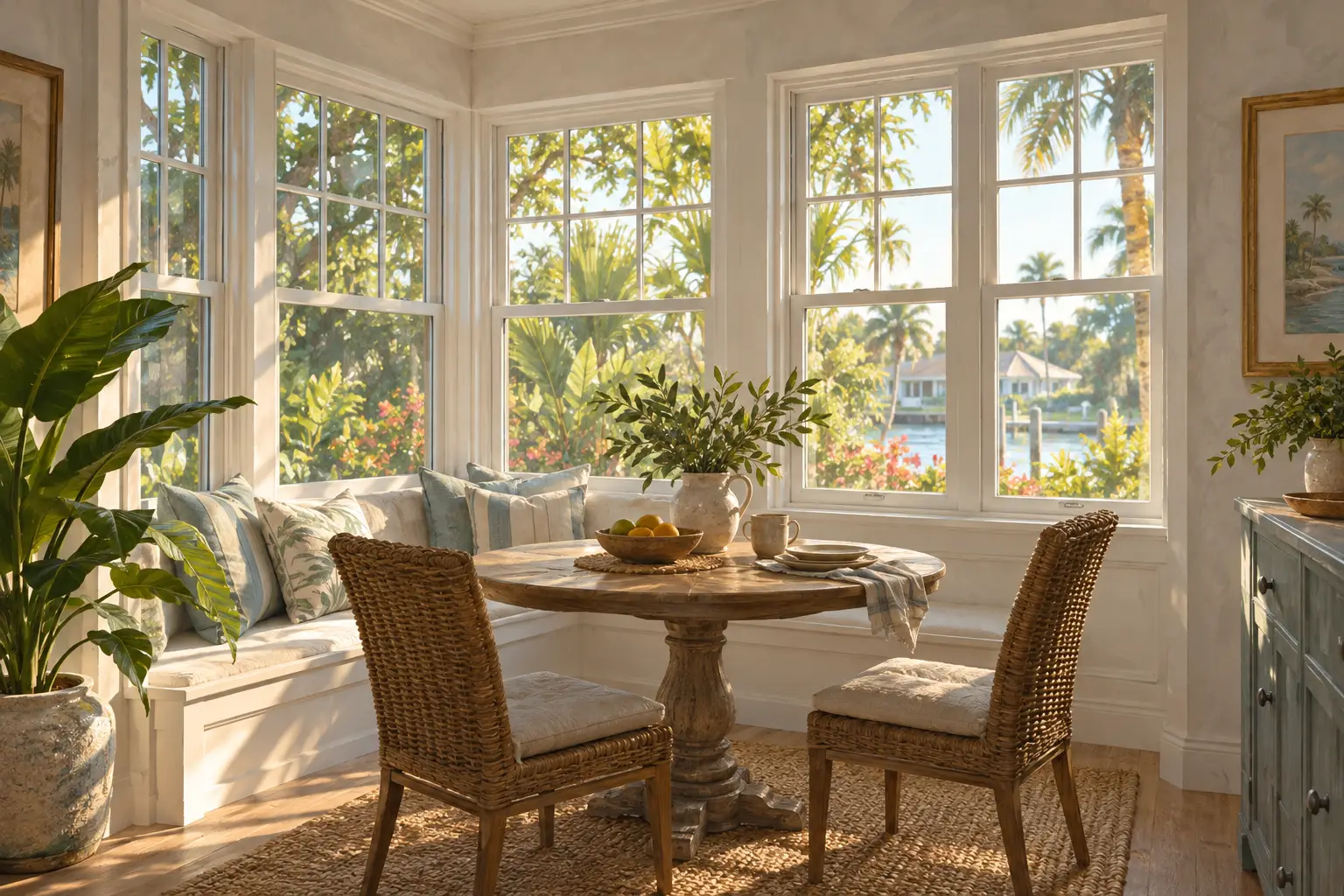 AI-generated conceptual illustration of a bright coastal dining nook with grouped white windows, plants, and a water view; not an actual property or exact product.