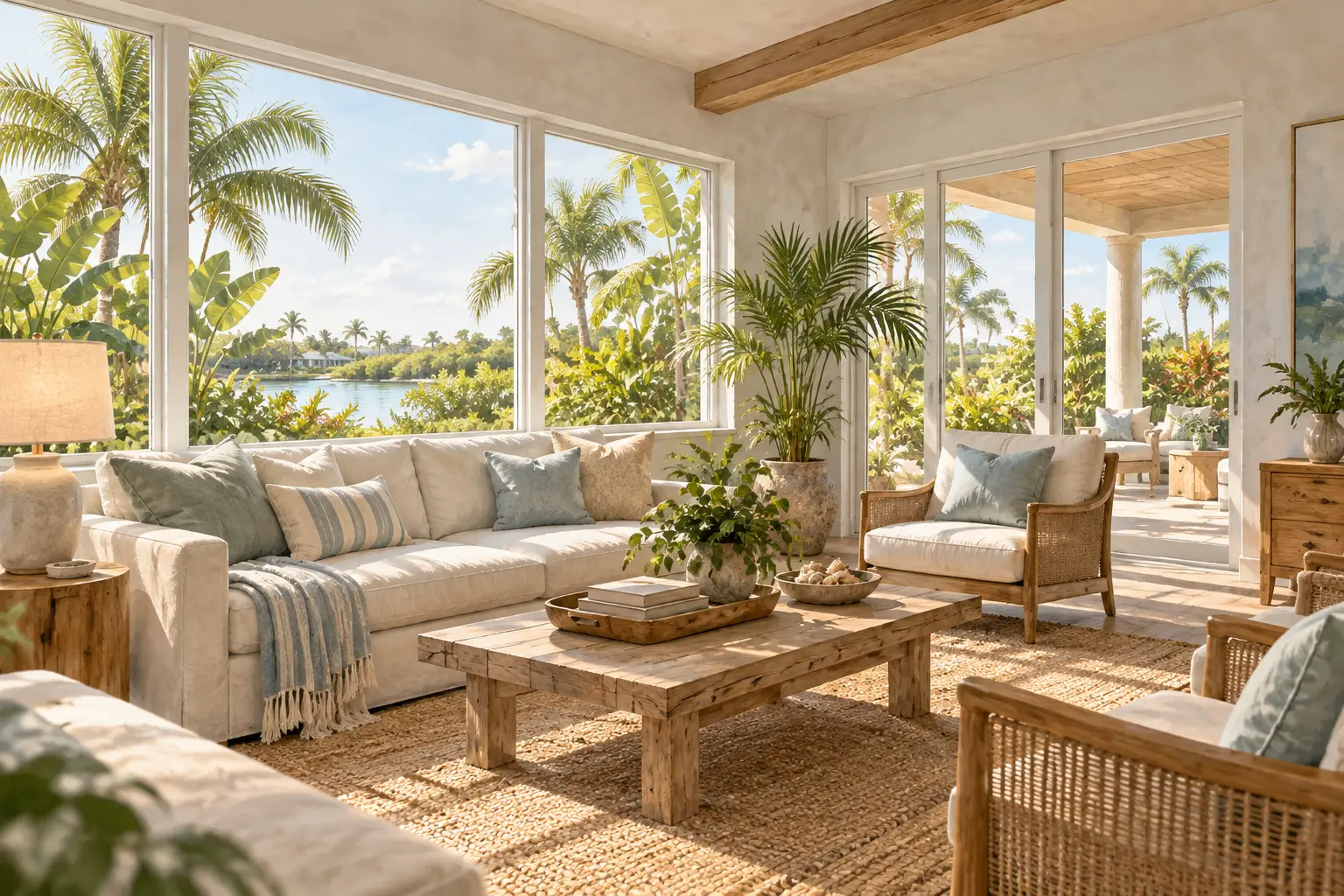 AI-generated conceptual illustration of a sunlit coastal living room with large windows, palm trees, and a water view; not an actual property or exact product.
